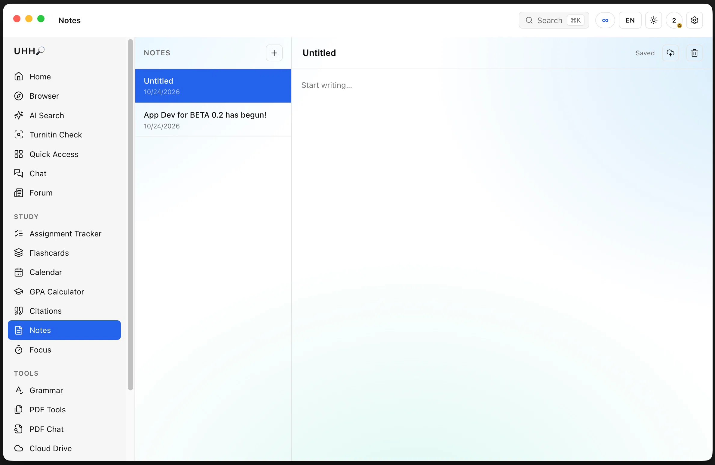 UHH A quiet place to write — A simple notes list with an auto-saving editor — the header shows Saved as you type. Any note can be saved straight into Cloud Drive as a markdown file.